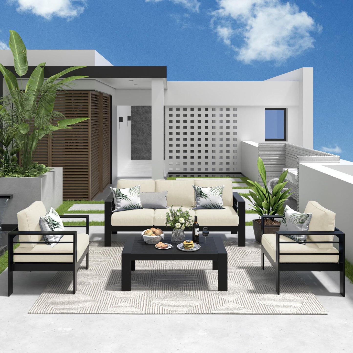 Heynemo Outdoor Couch Aluminum Patio Furniture Sofa, 3-Seat All-Weather Metal Outdoor Patio Furniture with Cushions,Beige