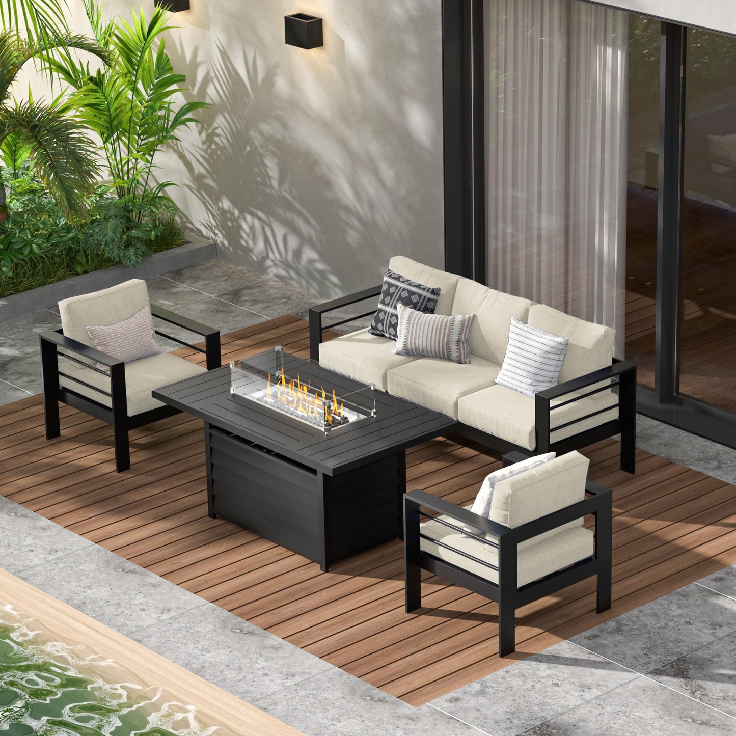 Heynemo Aluminum Outdoor Patio Furniture Set,5 Seats Modern Patio Sectional Sofa Conversation Set, Outdoor Seating Set with Fire Pit Table for Deck Garden Backyard, Beige