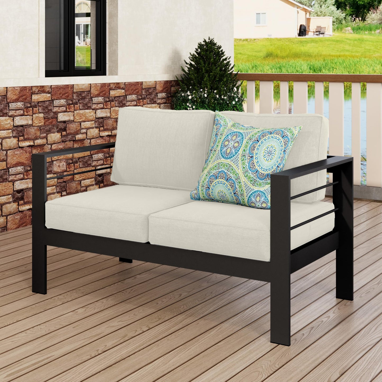 Heynemo Outdoor Loveseat Aluminum Patio Furniture Sofa, All-Weather Metal Outdoor Couch with Cushions,Beige
