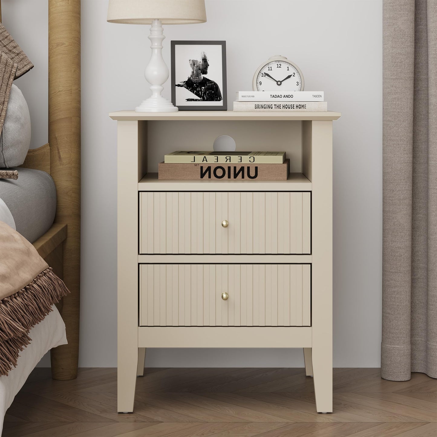 May in Color Fluted Nightstand with 2 Drawers, Modern Wooden Sofa Table with Storage for Small Spaces, Tall End Table for Bedroom