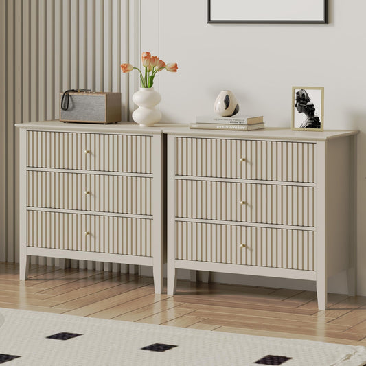 Heynemo Fluted 3 Drawer Dresser set of 2 with Ball Bearing Slide, Modern Nightstand Cabinet with Spacious Storage for Bedroom, Living Room, Beige
