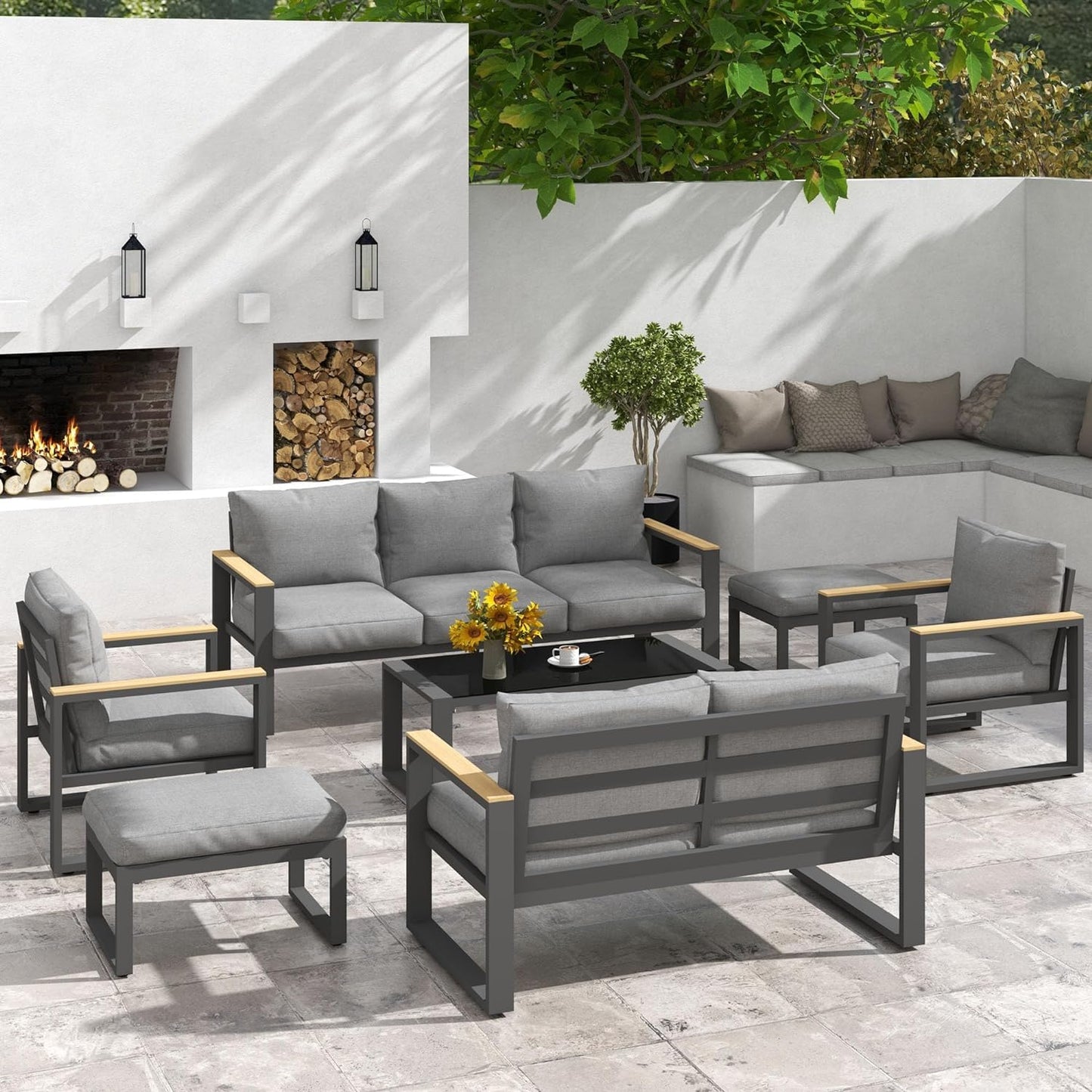 Heynemo 2 Pieces Aluminum Outdoor Patio Ottoman Set, Outdoor Foot Stools with Thick Cushion, Small Seat Furniture for Porch Balcony Backyard, Grey