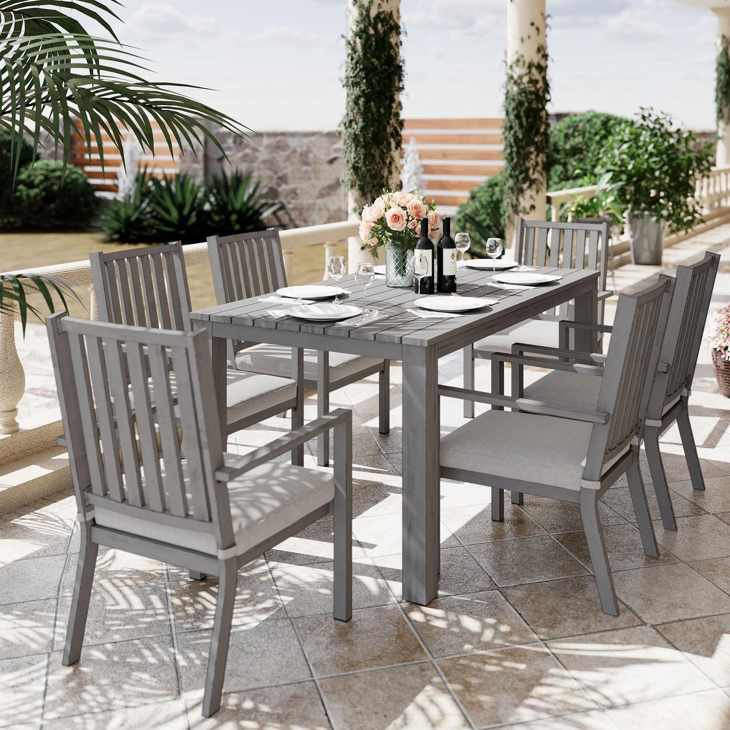 May in Color Aluminum 7 Pieces Patio Dining Sets, Outdoor Dining Table with 6 Chairs, Outdoor Patio Dining Furniture Set with Removable Cushion for Lawn, Garden, Backyard, Gray