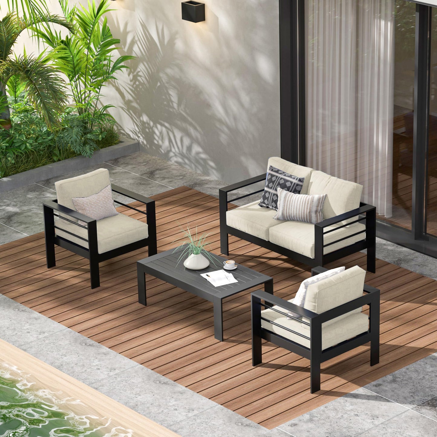 Heynemo Aluminum Outdoor Patio Furniture Set, 4 Pieces Modern Patio Sectional Sofa Conversation Set, Outdoor Seating Set with Coffee Table for Deck Garden Backyard, Beige