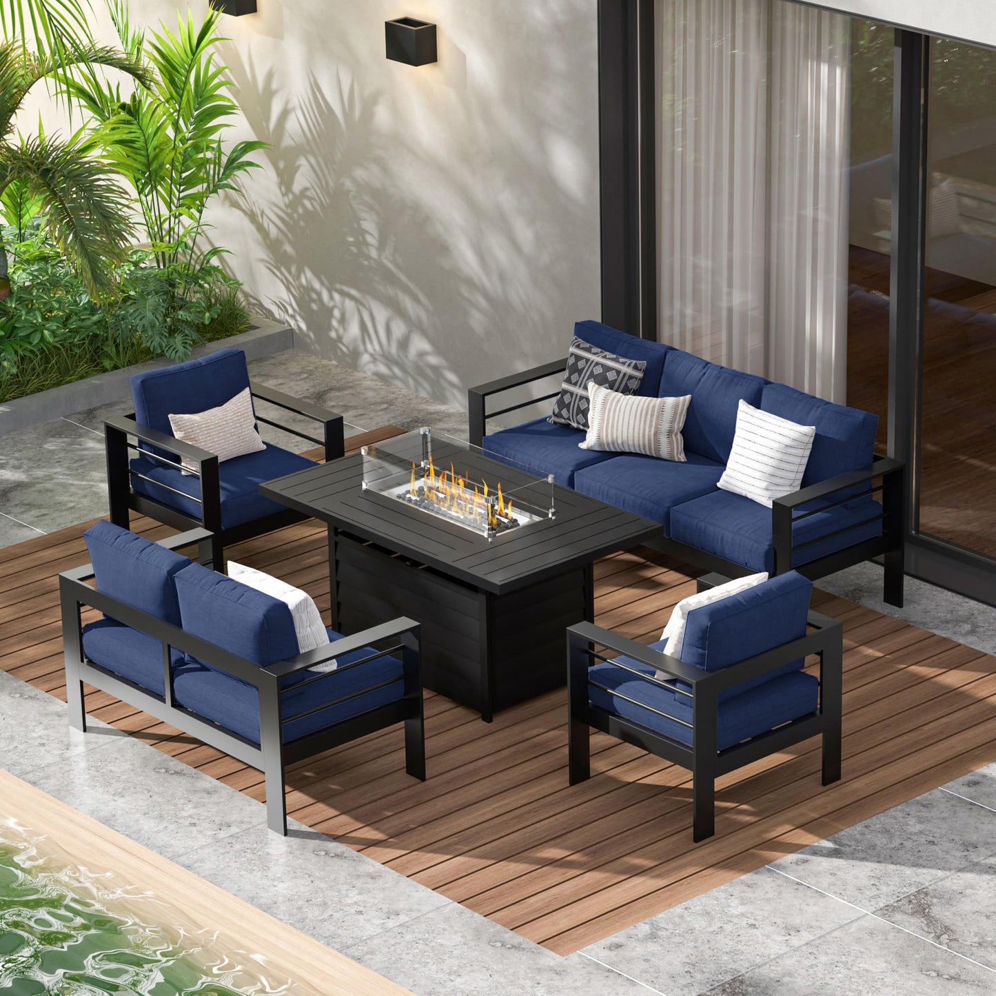 Heynemo Aluminum Outdoor Patio Furniture Set, 7 Seats Modern Patio Sectional Sofa Conversation Set, Outdoor Seating Set with Fire Pit Table for Deck Garden Backyard, Beige