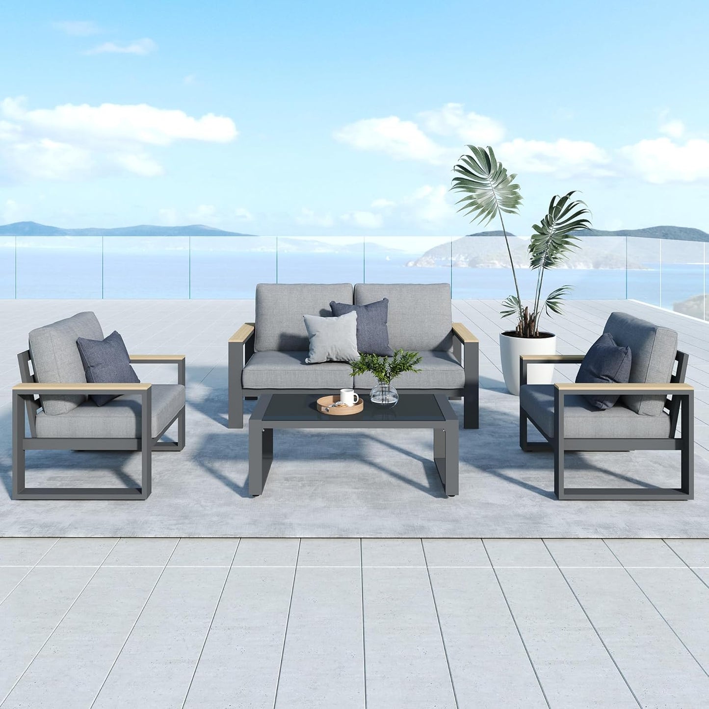 Heynemo Aluminum Outdoor Coffee Table, All-Weather Metal Rectangular Patio Side Table with Tempered Glass Top, Patio Tables for Porch Backyard Garden, Grey