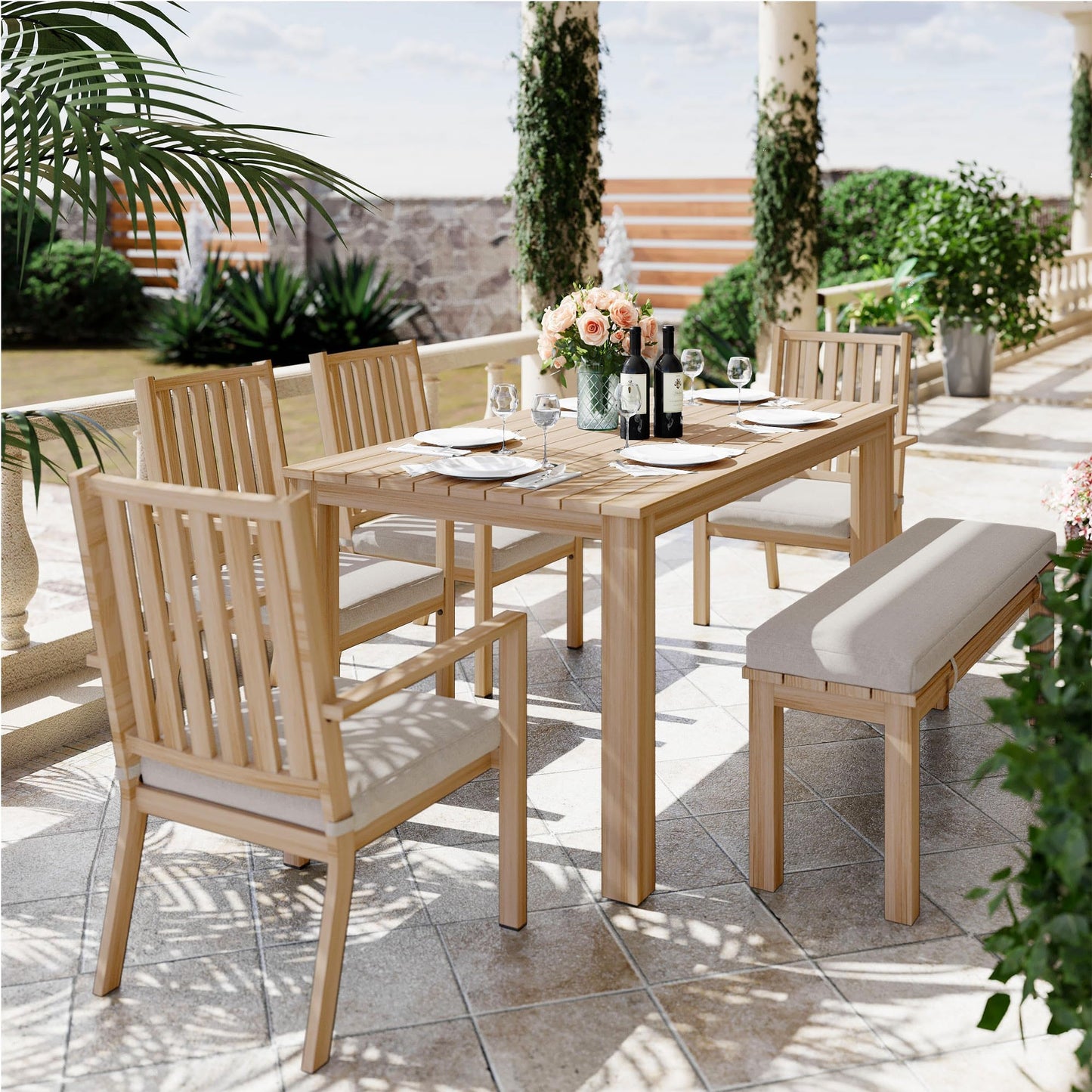 May in Color Aluminum 6 Pieces Patio Dining Sets, Outdoor Dining Table with 4 Chairs and Bench, Outdoor Patio Dining Furniture Set with Removable Cushion for Lawn, Garden, Backyard, Brown