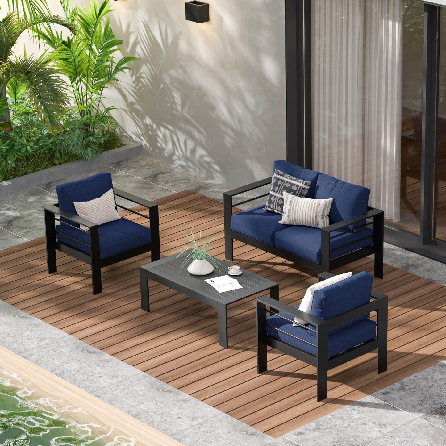 Heynemo Aluminum Outdoor Patio Furniture Set, 4 Pieces Modern Patio Sectional Sofa Conversation Set, Outdoor Seating Set with Coffee Table for Deck Garden Backyard, Blue