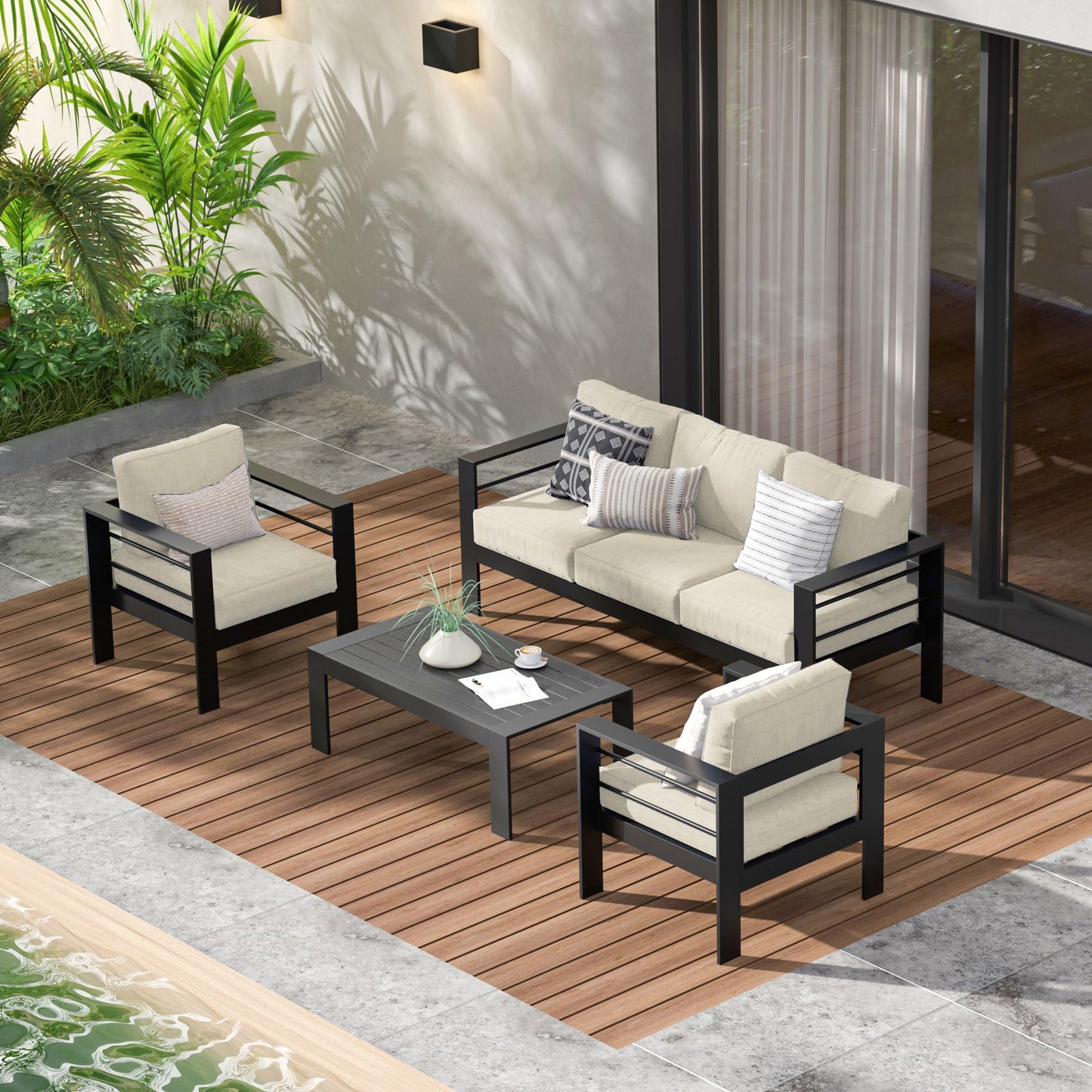 Heynemo Aluminum Outdoor Patio Furniture Set, 5 Seats Modern Patio Sectional Sofa Conversation Set, Outdoor Seating Set with Coffee Table for Deck Garden Backyard, Beige