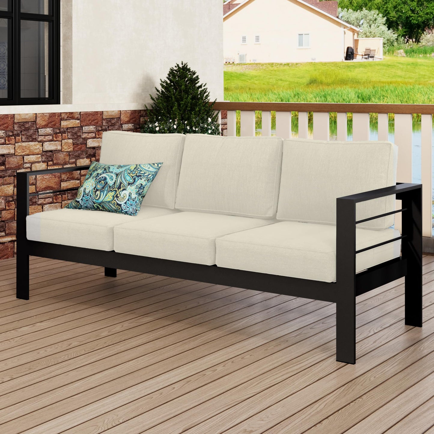 Heynemo Outdoor Couch Aluminum Patio Furniture Sofa, 3-Seat All-Weather Metal Outdoor Patio Furniture with Cushions,Beige