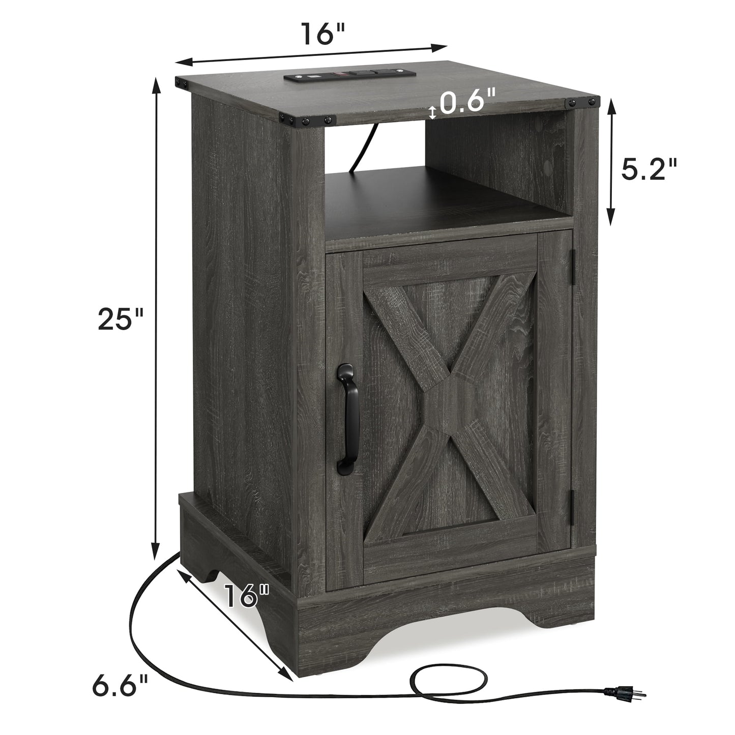 Superjoe 2Pcs Farmhouse Nightstand w/Charging Station, Wooden Rustic Tall Bedside Table, End Table w/Storage Shelf & Shelf for Bedroom, Living Room, Dark Gray