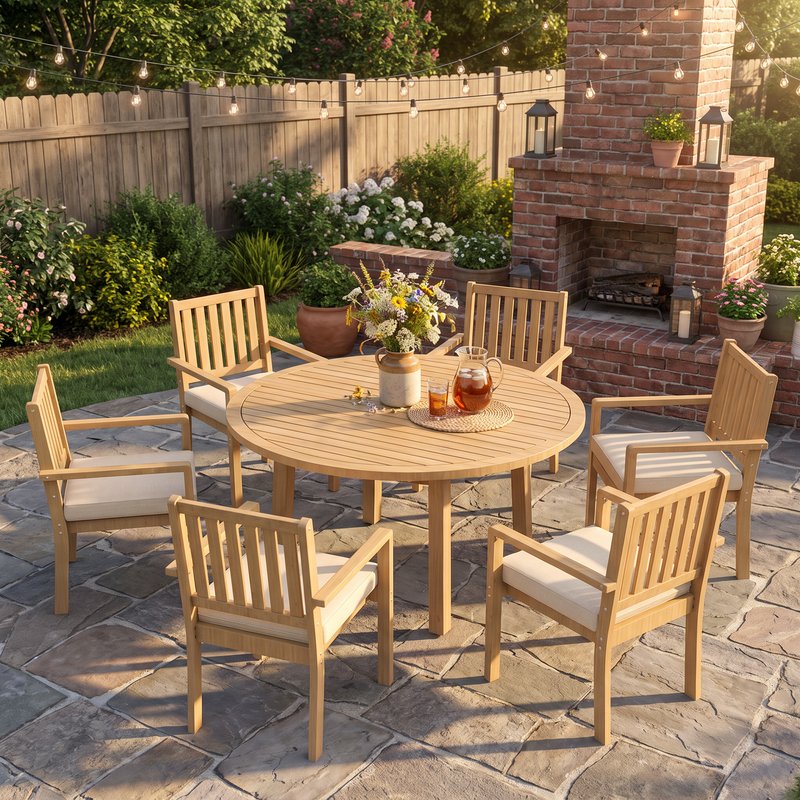 7-Piece Acacia Patio Table and Chairs Set for All-Weather, Outdoor Patio Dining Set with Umbrella Hole and Removable Cushion for 6, Durable Patio Table and Chairs Set for Backyard£¬Heynemo