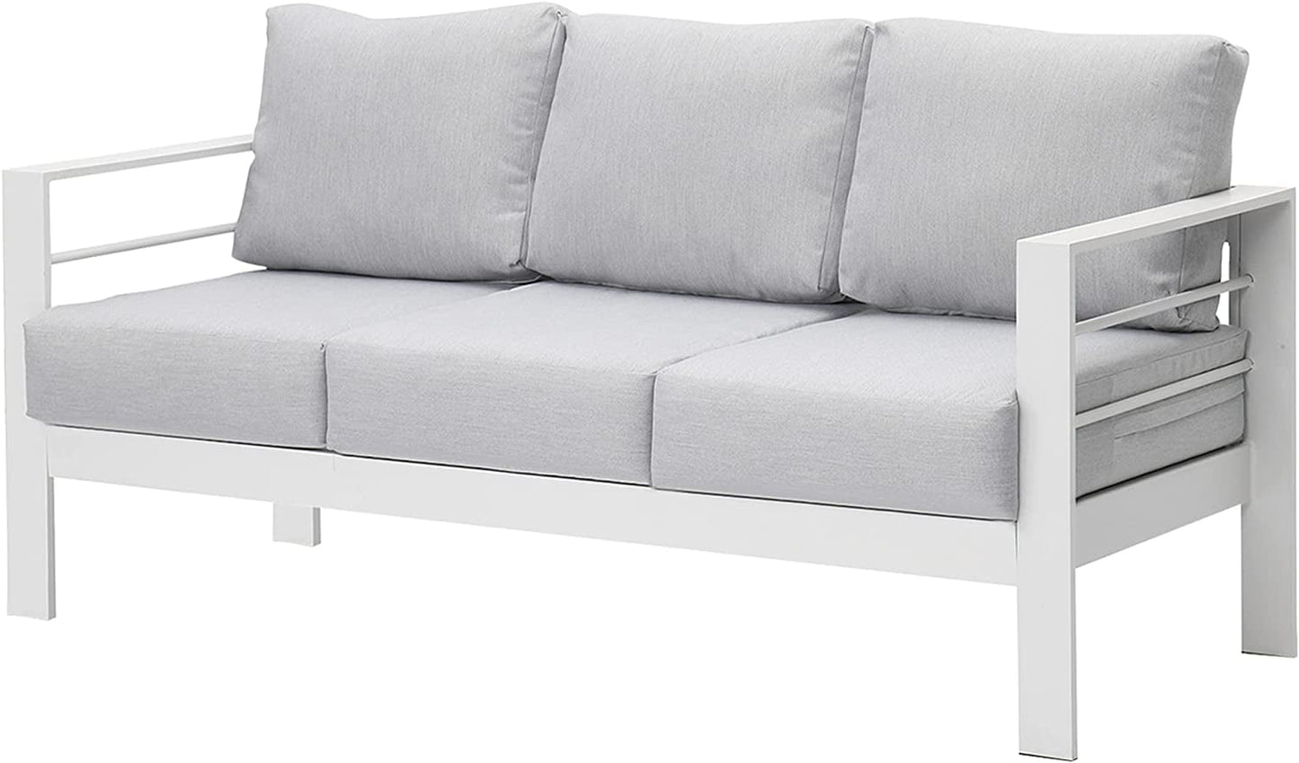 Superjoe Outdoor 3 Seats Patio Furniture Aluminum Sofa Couch, White Metal Chair with Cushions, Light Grey