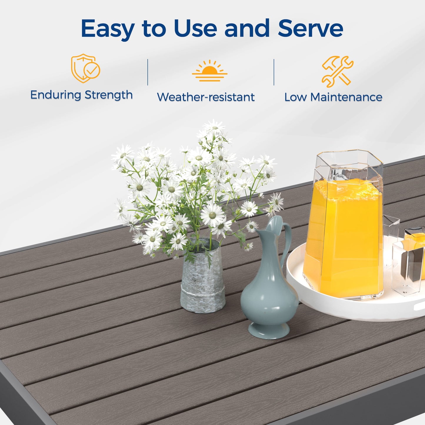 CozyHom Outdoor Dining Table Patio Steel Slat Rectangle Table,Long Outdoor Dining Table, High Table For Party, High Garden Table, Gray.