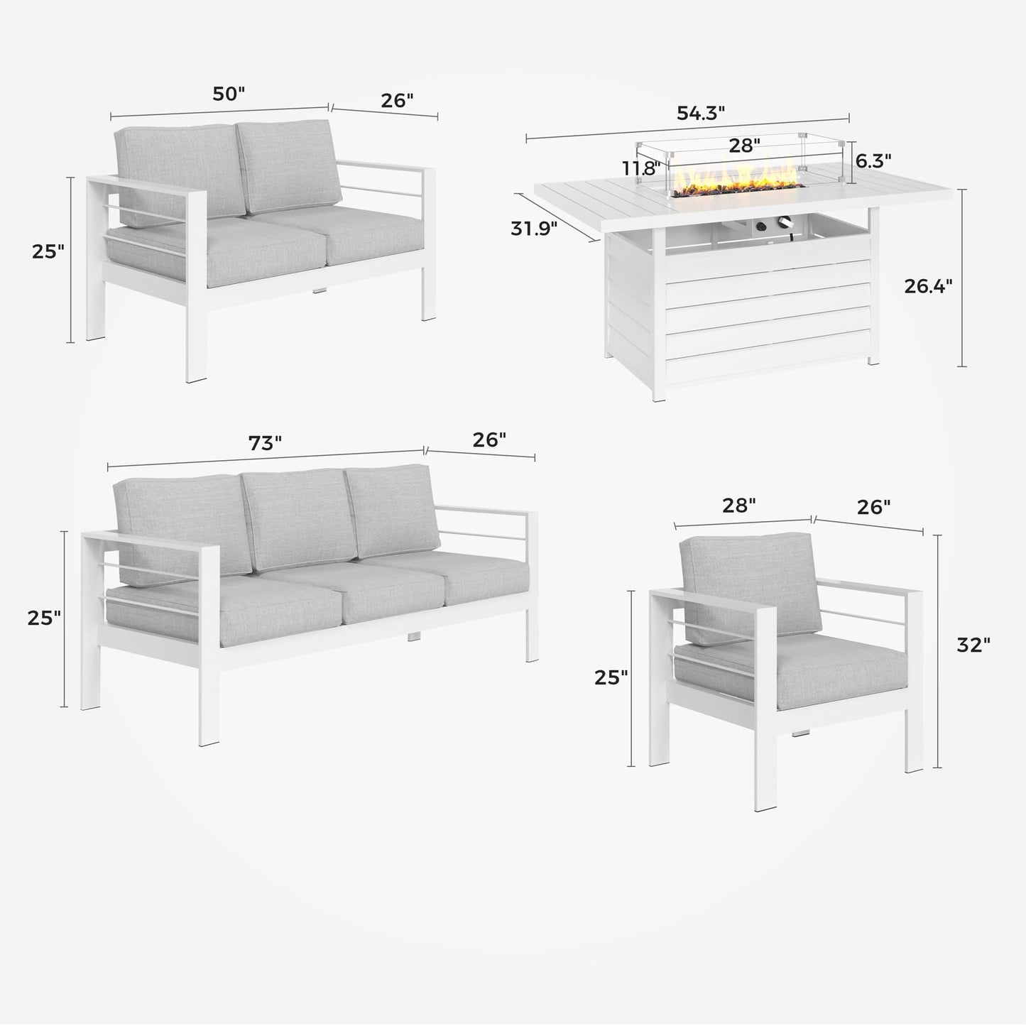 CozyHom 8Pcs Outdoor Patio Aluminum Sofa Furniture Sets With Fireplace Table, All Seasons Patio Sectional Metal Conversation Couch Furniture, White