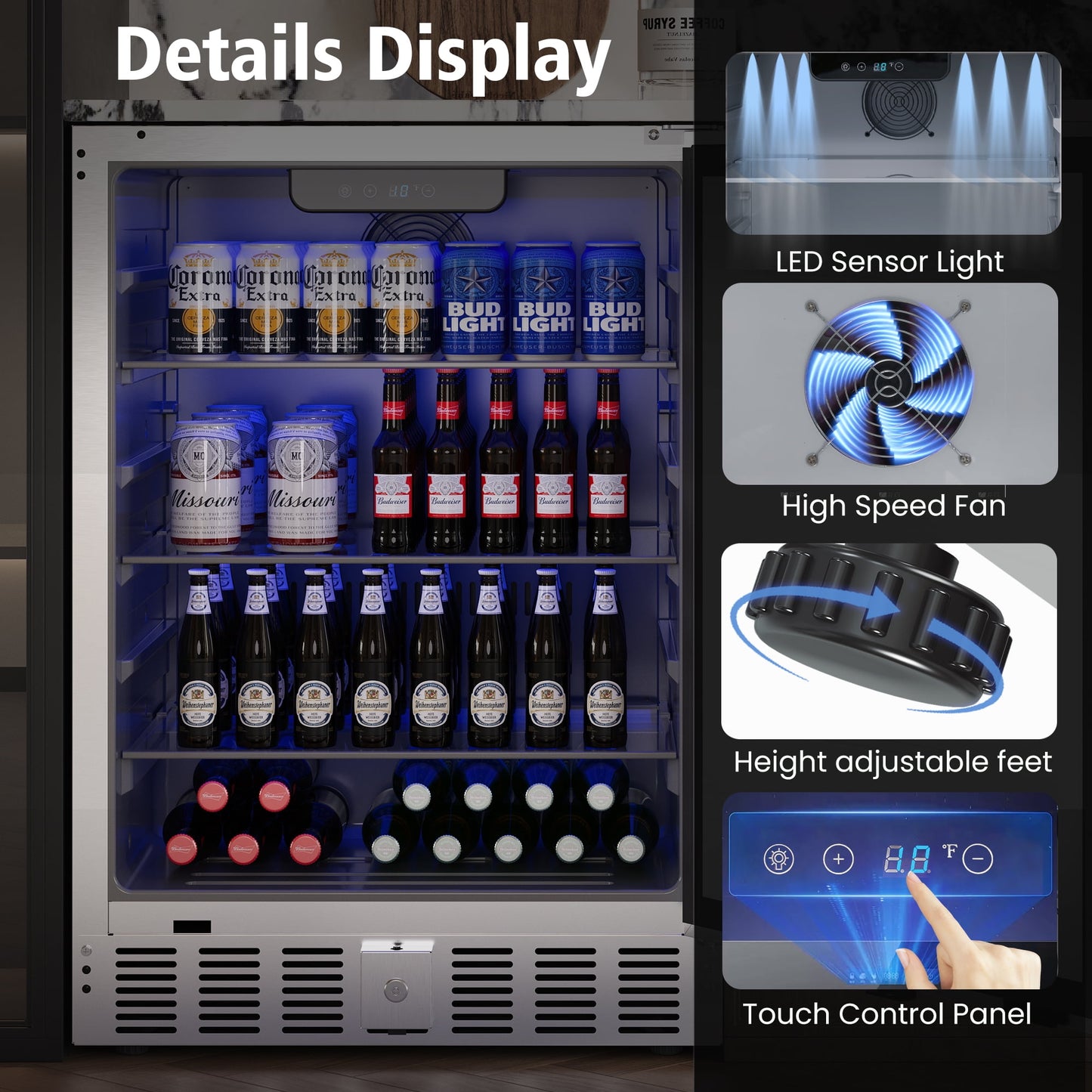 Sunvivi Outdoor & Indoor Beverage Refrigerator, 24 Inch Stainless Steel Under Counter Drink Fridge, Silver Weatherproof Can Cooler Wine Chiller with Lock for Kitchen, Office, Patio, Bar, Home