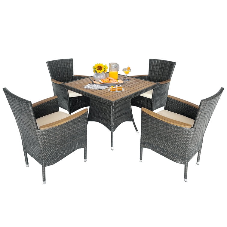 Superjoe 5 Piece Patio Dining Set,Wicker Patio Conversation Set with Table,4 - Person Square Outdoor Table and 4 Chairs with Cushions,for Backyard, Deck and Garden