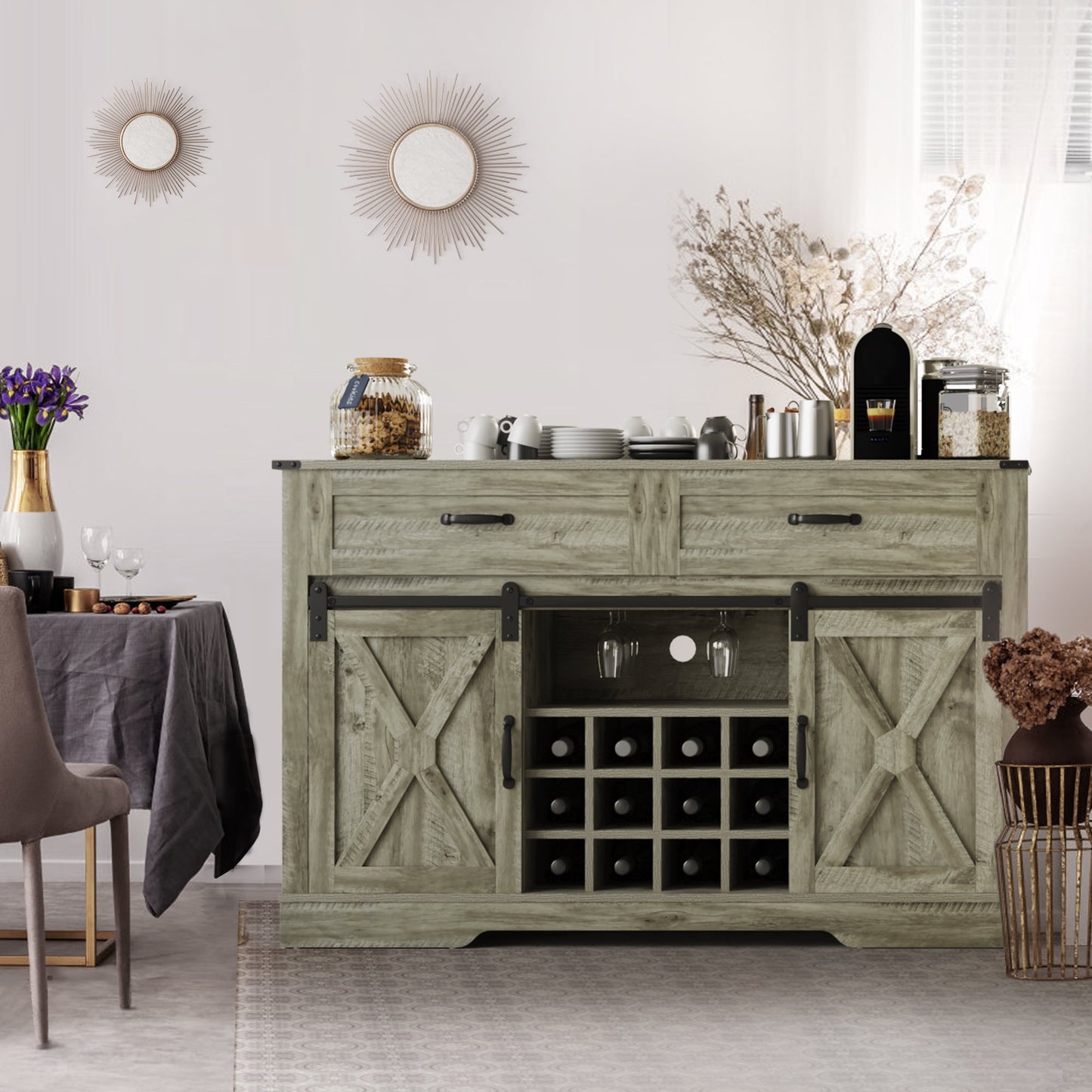 CozyHom Farmhouse Coffee Bar Cabinet Buffet Sideboard Cabinet With 2 Drawers, Kitchen Storage Cabinet With Sliding Barn Door, Light Gray