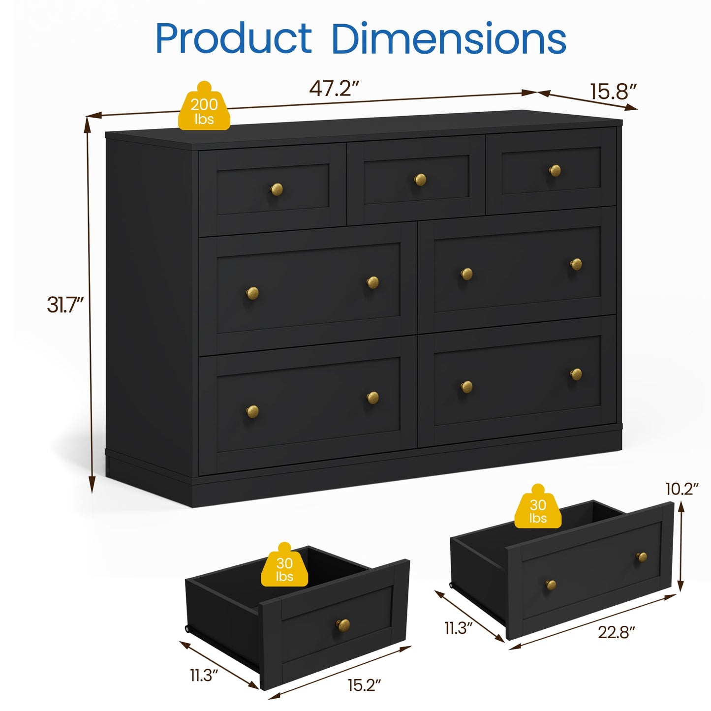 May in Color Dresser for Bedroom with 7 Drawers, Wood Drawer Organizer for Bedroom, Living Room, Hallway, Black