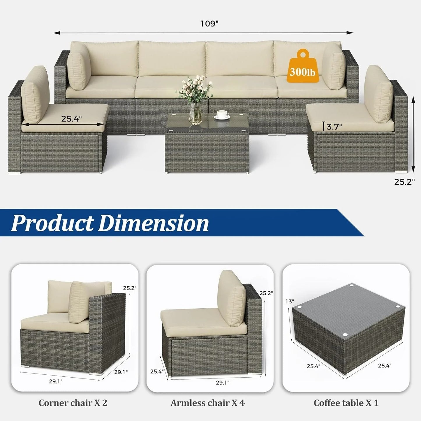 Heynemo Superjoe 7-Piece Modular Patio Furniture Set, Wicker Outdoor Sectional Sofa with Cushions and Coffee Table,Conversation Sets for Porch Balcony Backyard Patio,Beige