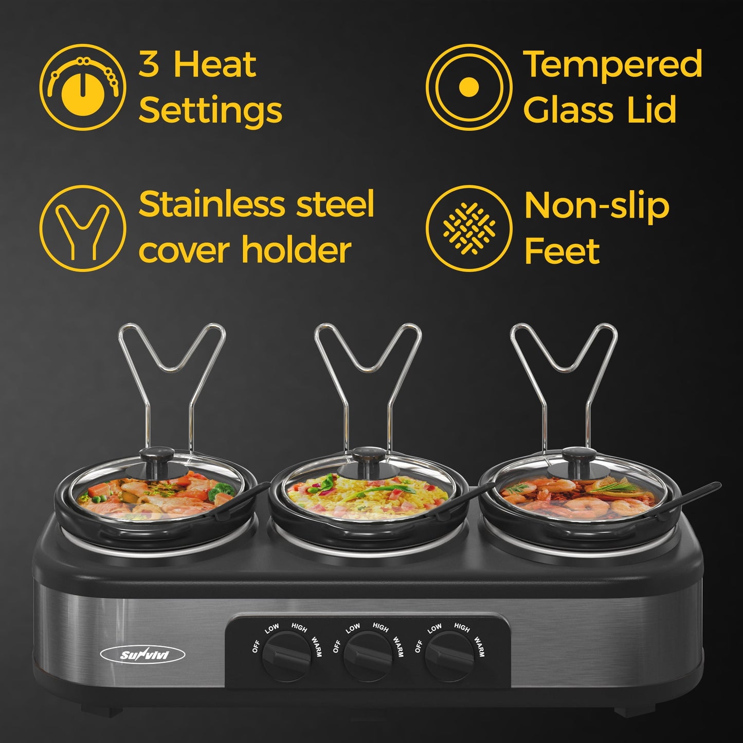 Triple Slow Cooker with 3 Spoons, 3 Pot 1.5 Quart Oval Crock Food Warmer Buffet Server, Stainless Steel