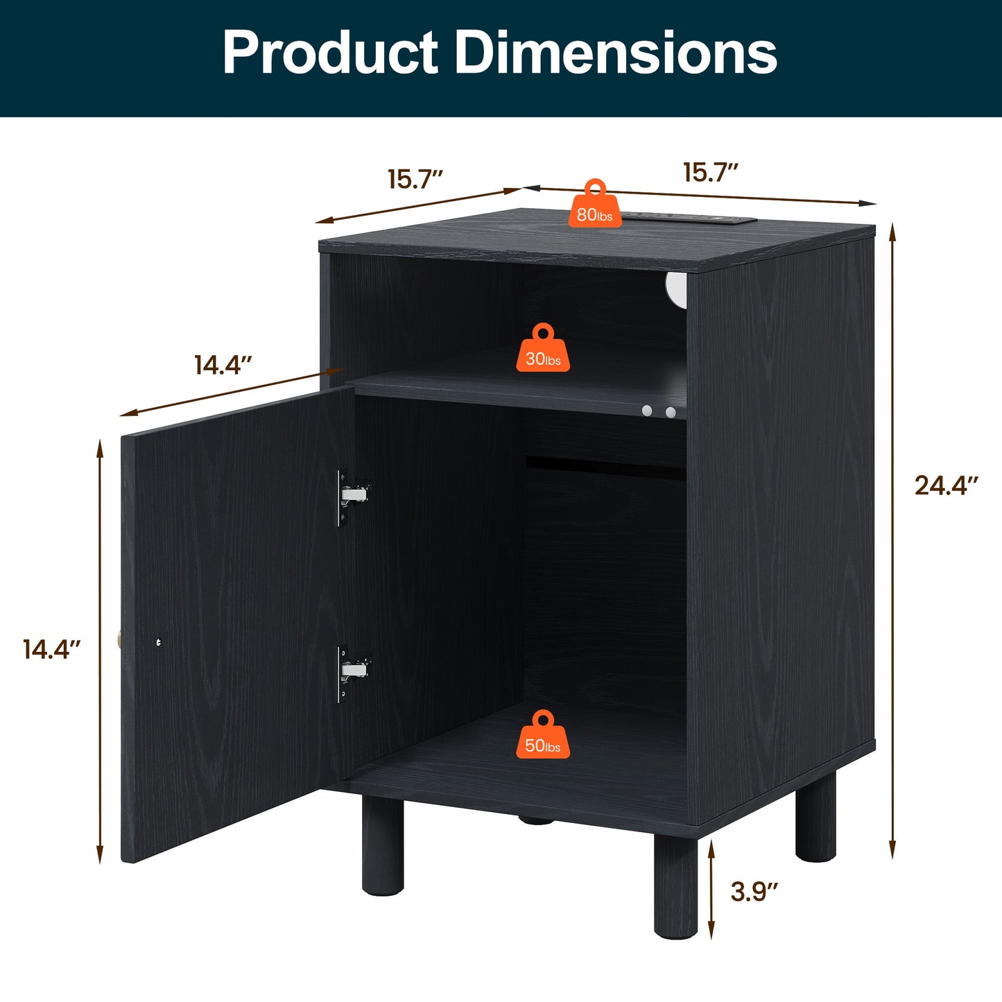 Heynemo Wood Nightstand with Storage, Bedside Table with Charging Station and Solid Wood Legs, Ideal for Living Room, Bedroom, Entryway, Black, Set of 2