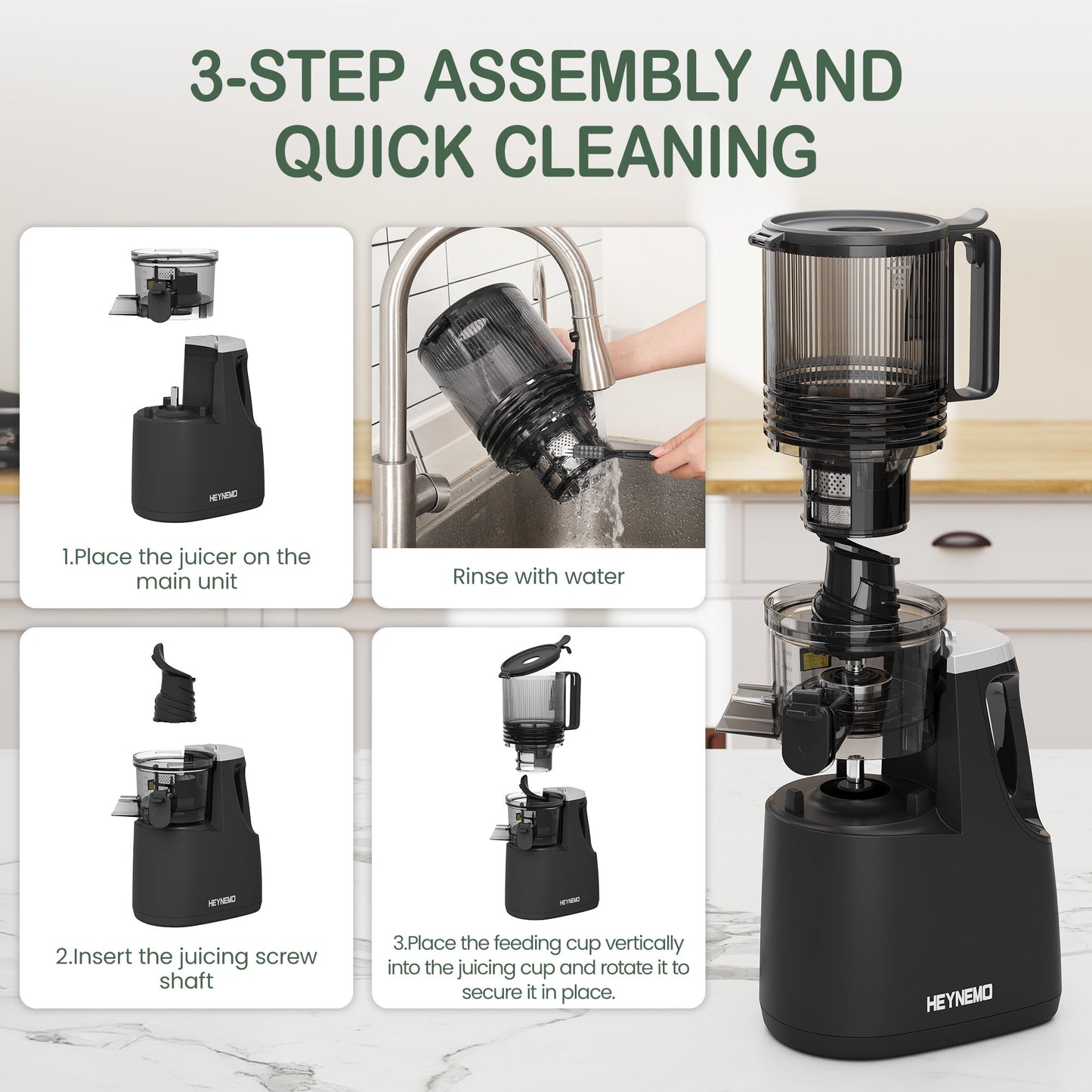 Heynemo Cold Press Juicer Machine, 5.9" Wide Feed Chute, Masticating, Dual-Layer Strainer - Black