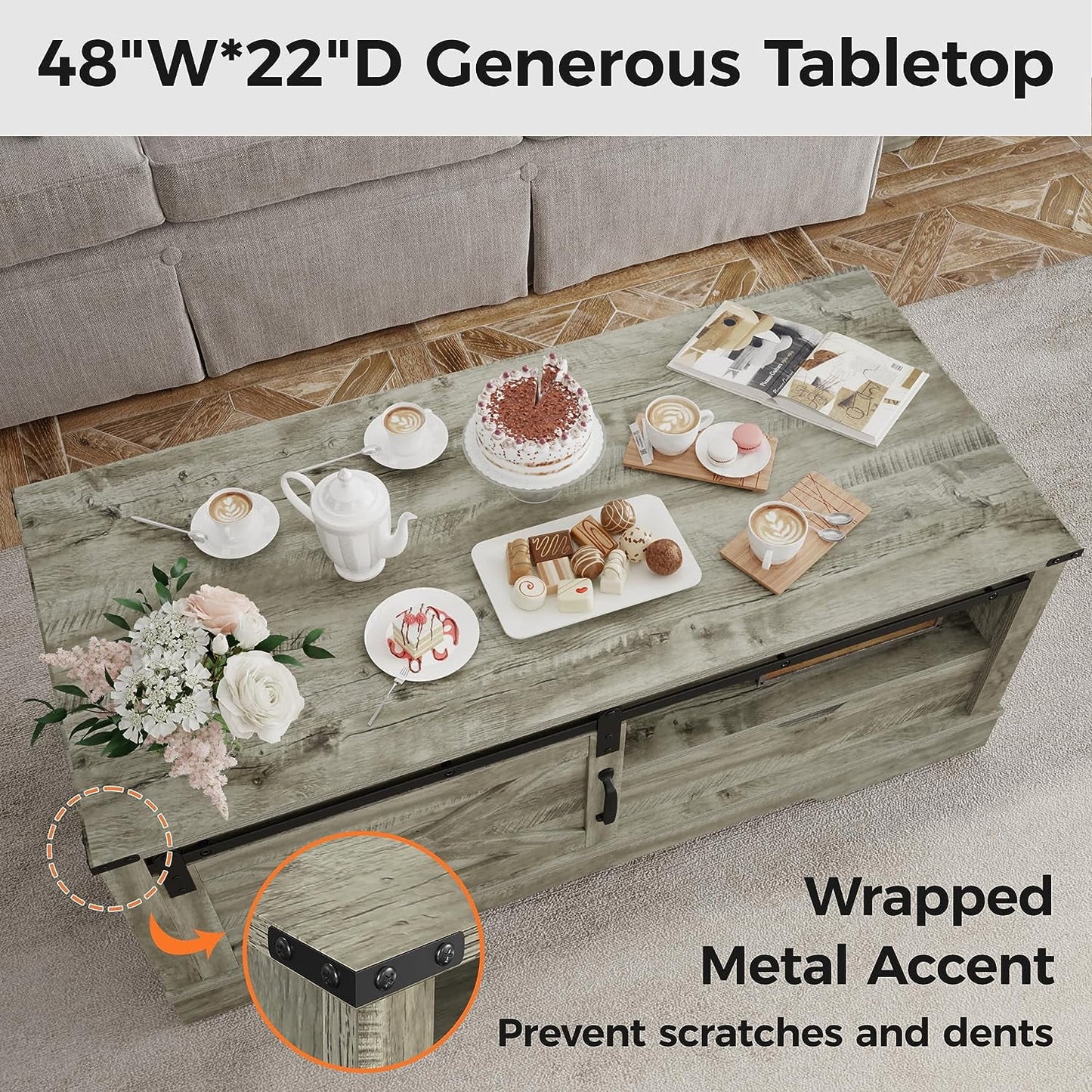 Superjoe 48" Farmhouse Coffee Table w/Storage & Sliding Barn Door Wood Rectangular Center Table w/Open Shelves for Living Room, Dark Gray