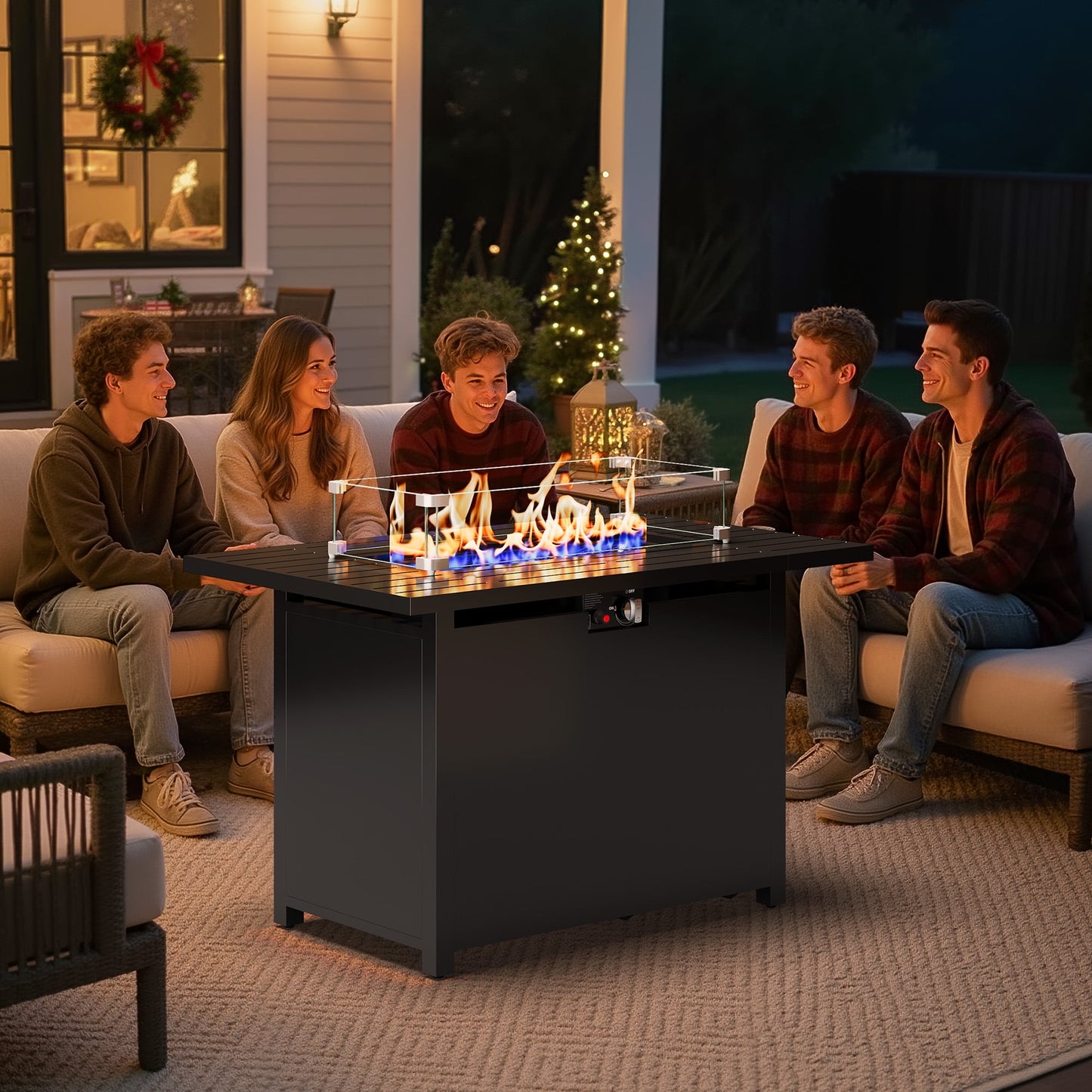 Heynemo 43" Outdoor Propane Fire Pit Table with Waterproof Cover, 2-in-1 50,000 BTU Gas Fire Table with Lid & Decorative Lava Rocks