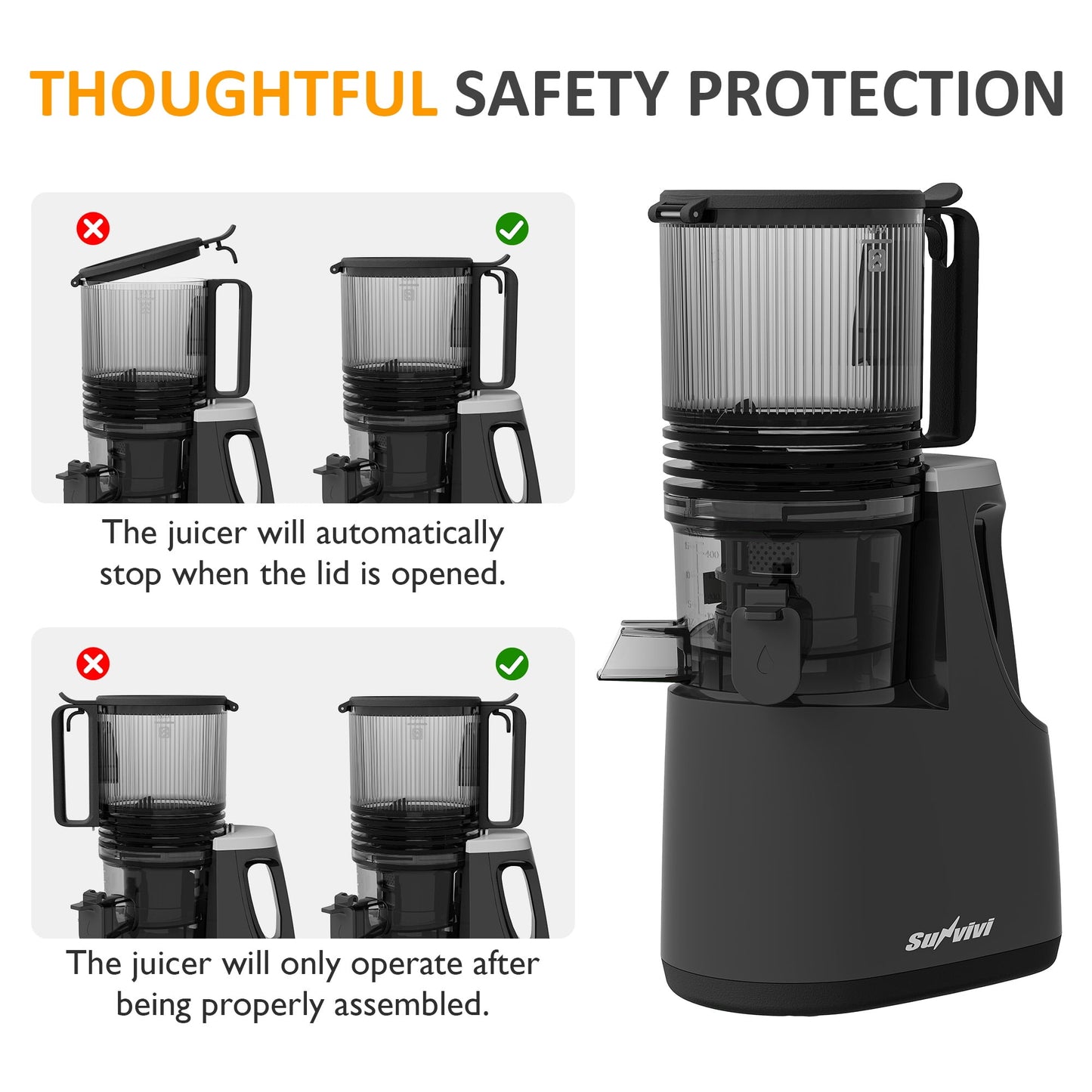 May in Color Slow Cold Press Juicer 5.9 inch Wide Feed Chute Masticating Juice Extractor - Black