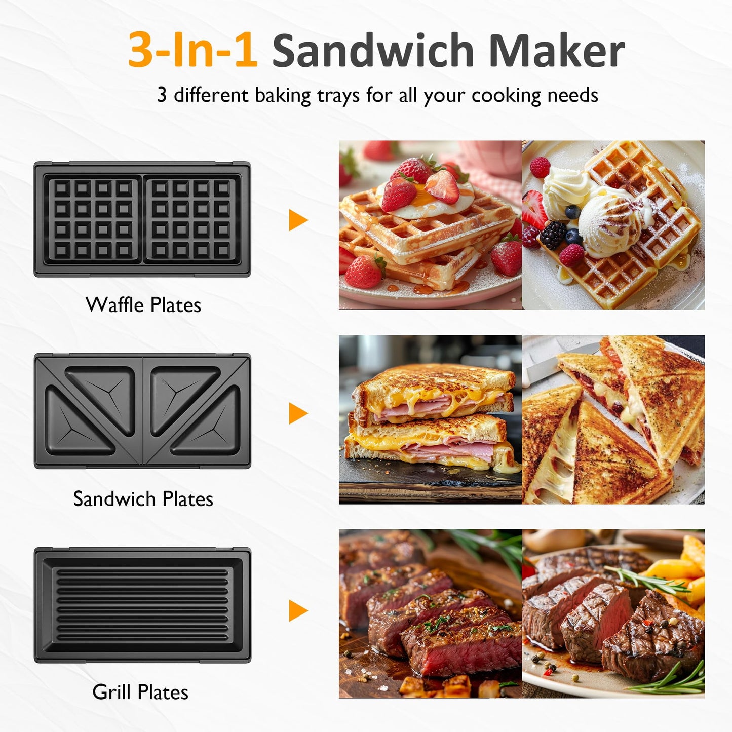 Heynemo Waffle Maker with Removable Non-stick Plates, Electric Sandwich Maker 3 in 1 Panini Press Grill, with Glass Top, Cool Touch Handle & Easy to Clean, 850W