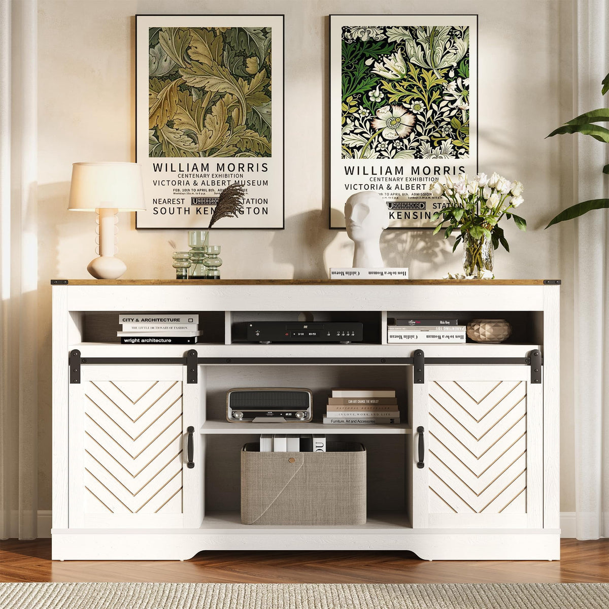 Heynemo TV Stand for 65+ Inch TV, Farmhouse 34'' Tall Entertainment Center for 23" Fireplace, Rustic TV Console with Sliding Bar Door for Living Room (White and Rustic Oak)