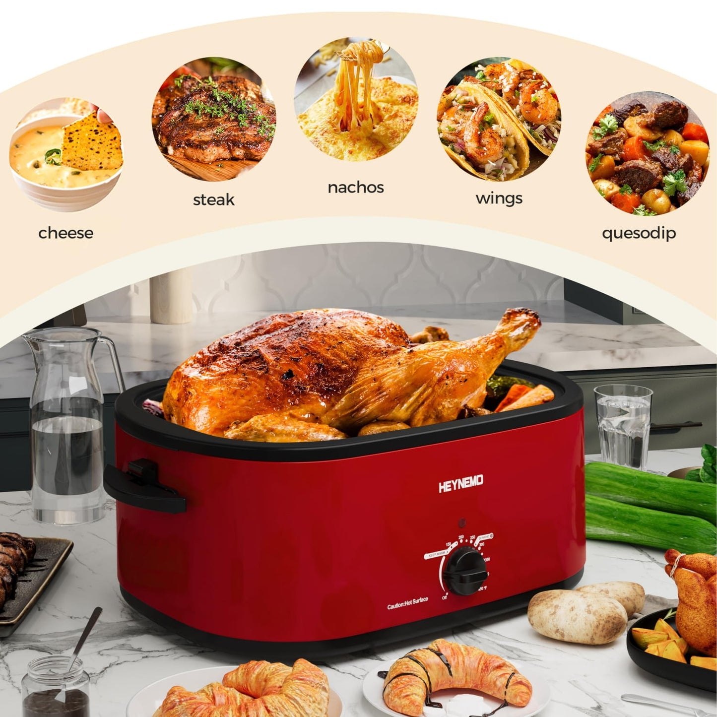 Superjoe 22 Quart Electric Roaster Oven with Visible & Self-Basting Lid, Large Turkey Roaster with Defrost Warm Function, Adjustable Temperature, Removable Pan Rack, Stainless Steel, Red