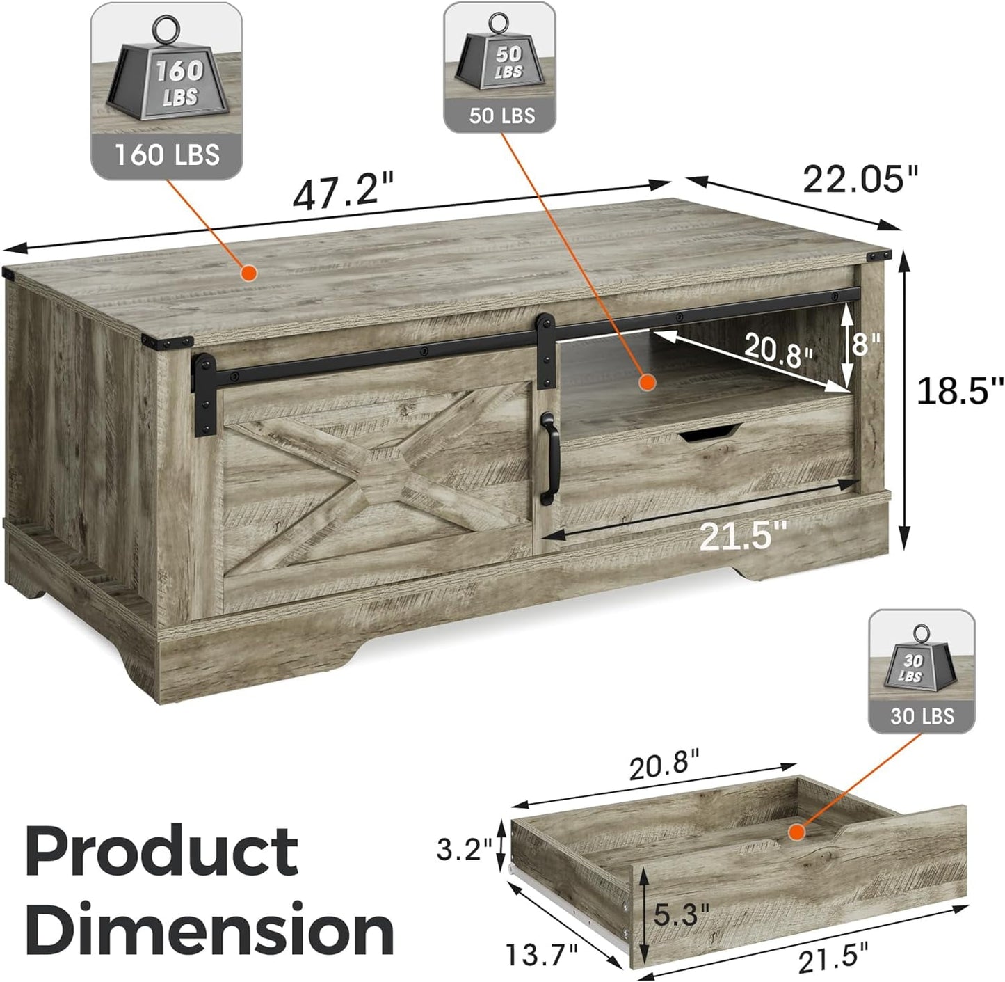 Superjoe 48" Farmhouse Coffee Table w/Storage & Sliding Barn Door Wood Rectangular Center Table w/Open Shelves for Living Room, Dark Gray
