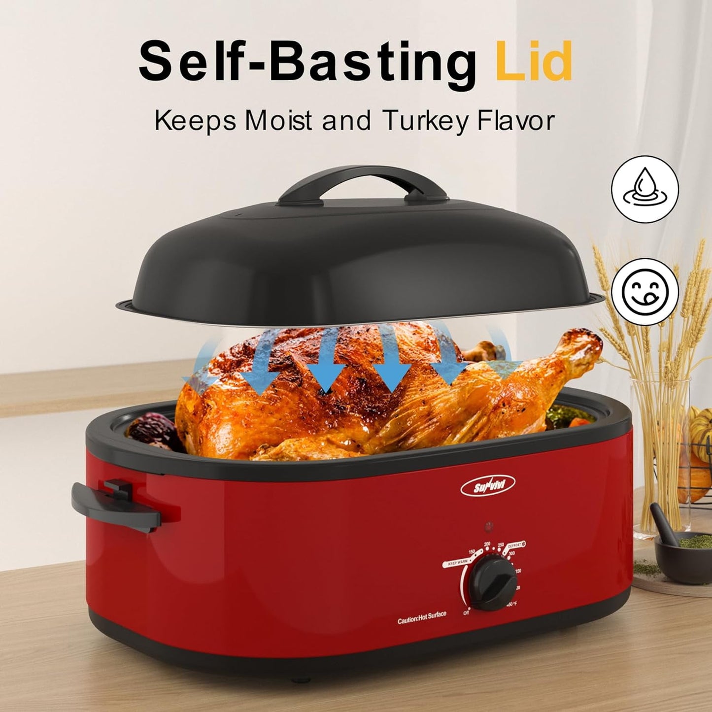 Superjoe 22 QT Electric Roaster Oven, with Self-Basting Lid, Stainless Steel Roaster Pan, Red