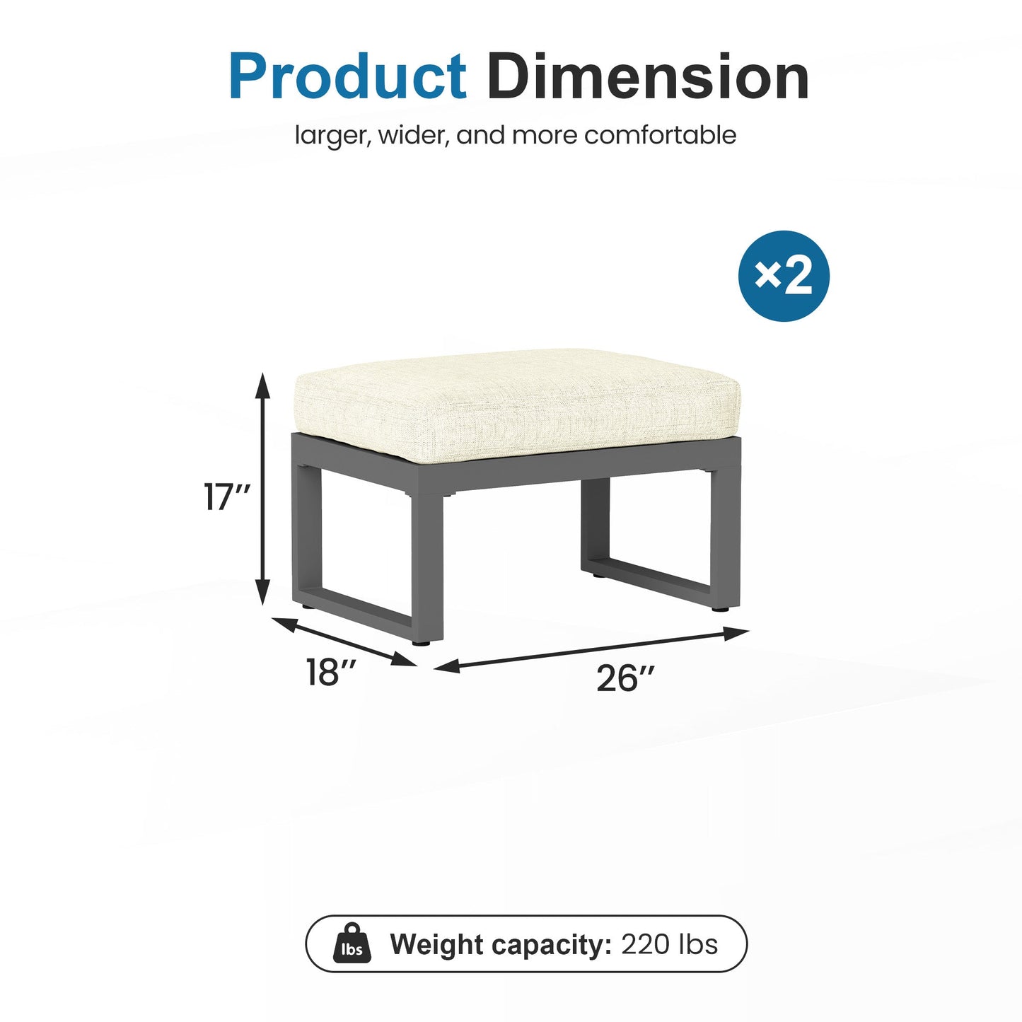 Heynemo 2 Pieces Aluminum Outdoor Patio Ottoman Set, Outdoor Foot Stools with Thick Cushion, Small Seat Furniture for Porch Balcony Backyard, Beige