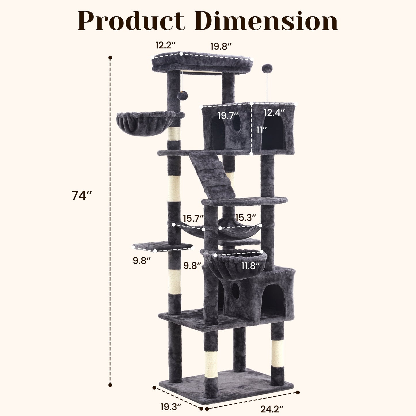 Multi-Level Large Cat Tree Tower for Large Cats with Scratching Posts, Condos, Perch, Hammocks & Toys ÿ Modern Indoor Cat Jungle Gym for 6-7 Cats, 23.6" x 19.7" x 73.2", Grey