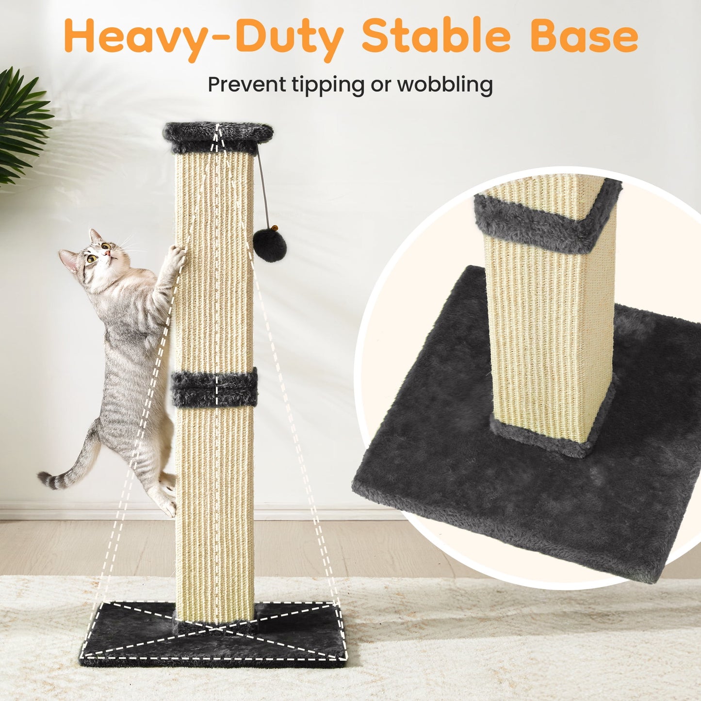 Heynemo 32-Inch Cat Scratching Post with Hanging Ball Toy, Tall Sisal Scratch Post for Indoor Cats, Cat Scratcher for Kittens & Large Cats, Grey