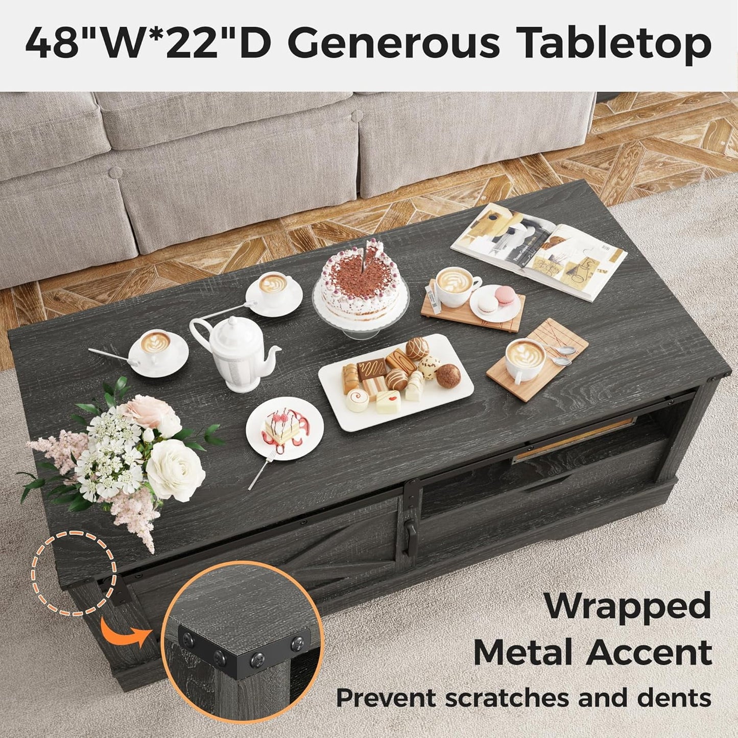 CozyHome Farmhouse Coffee Table with Storage and Sliding Barn Door, 48'' Rustic Table with Open Shelves, Rectangular Center Table for Living Room, White