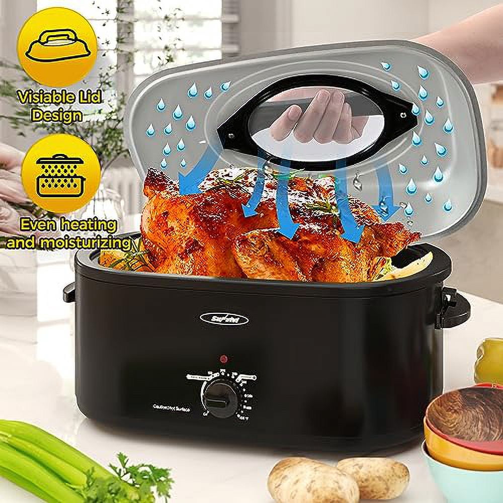 Sunvivi 22 Quart Electric Turkey Roaster Oven with Visible Glass Lid,Removable Pan & Rack, Stainless Steel, Black