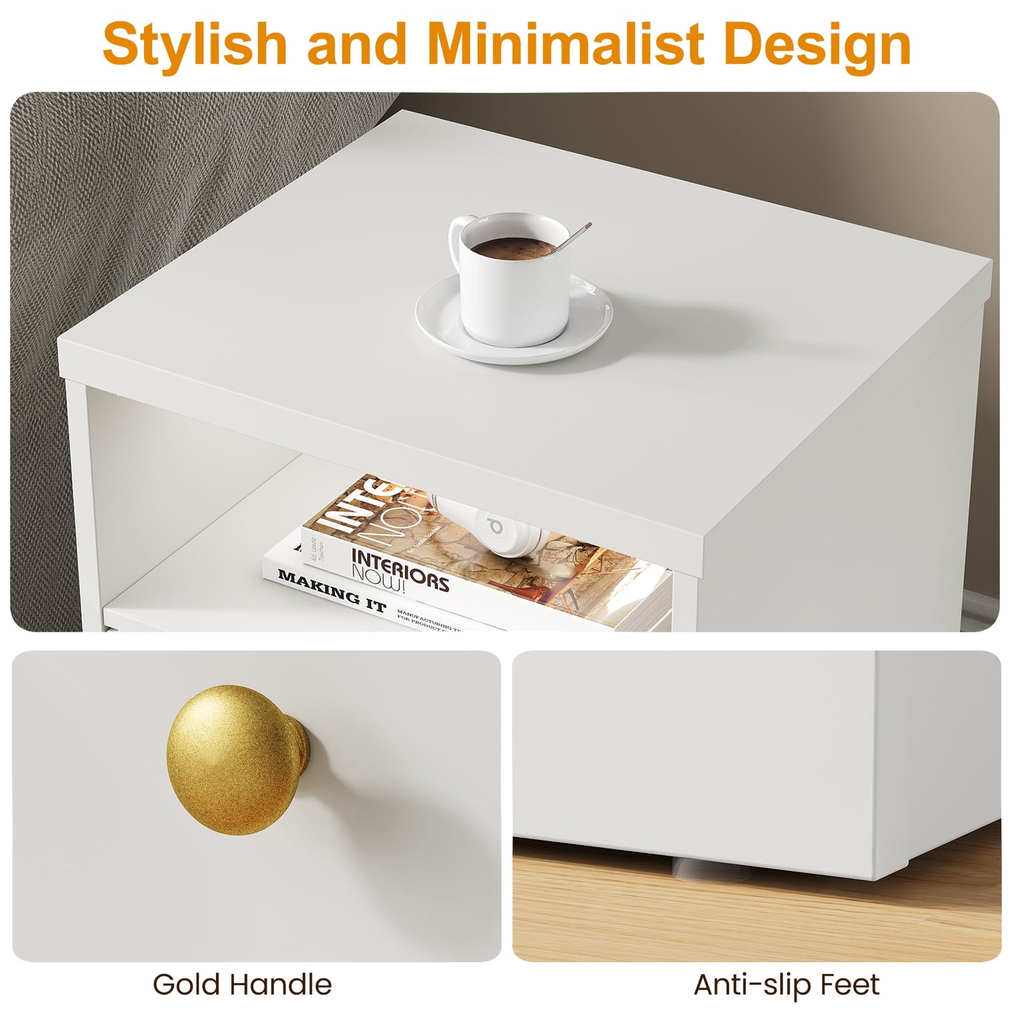 Heynemo white Nightstand with Storage Shelf & Door, Faux Drawer Design End Table, Compact Side Table for Bedrooms, Dorm Rooms & Small Spaces, Set of 2