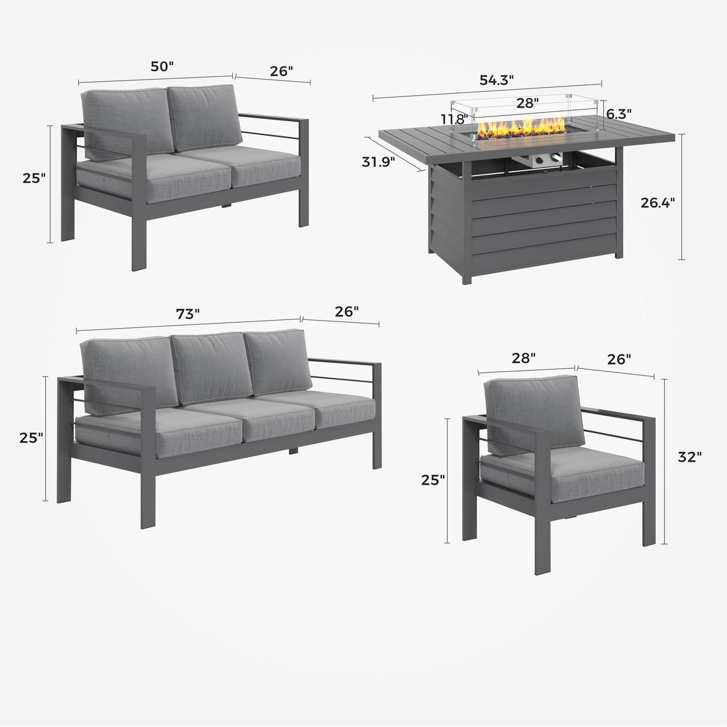 CozyHom 8Pcs Outdoor Patio Aluminum SofaFurniture Sets With Fireplace Table, All Seasons Patio Sectional Metal Conversation Couch Furniture, Gray