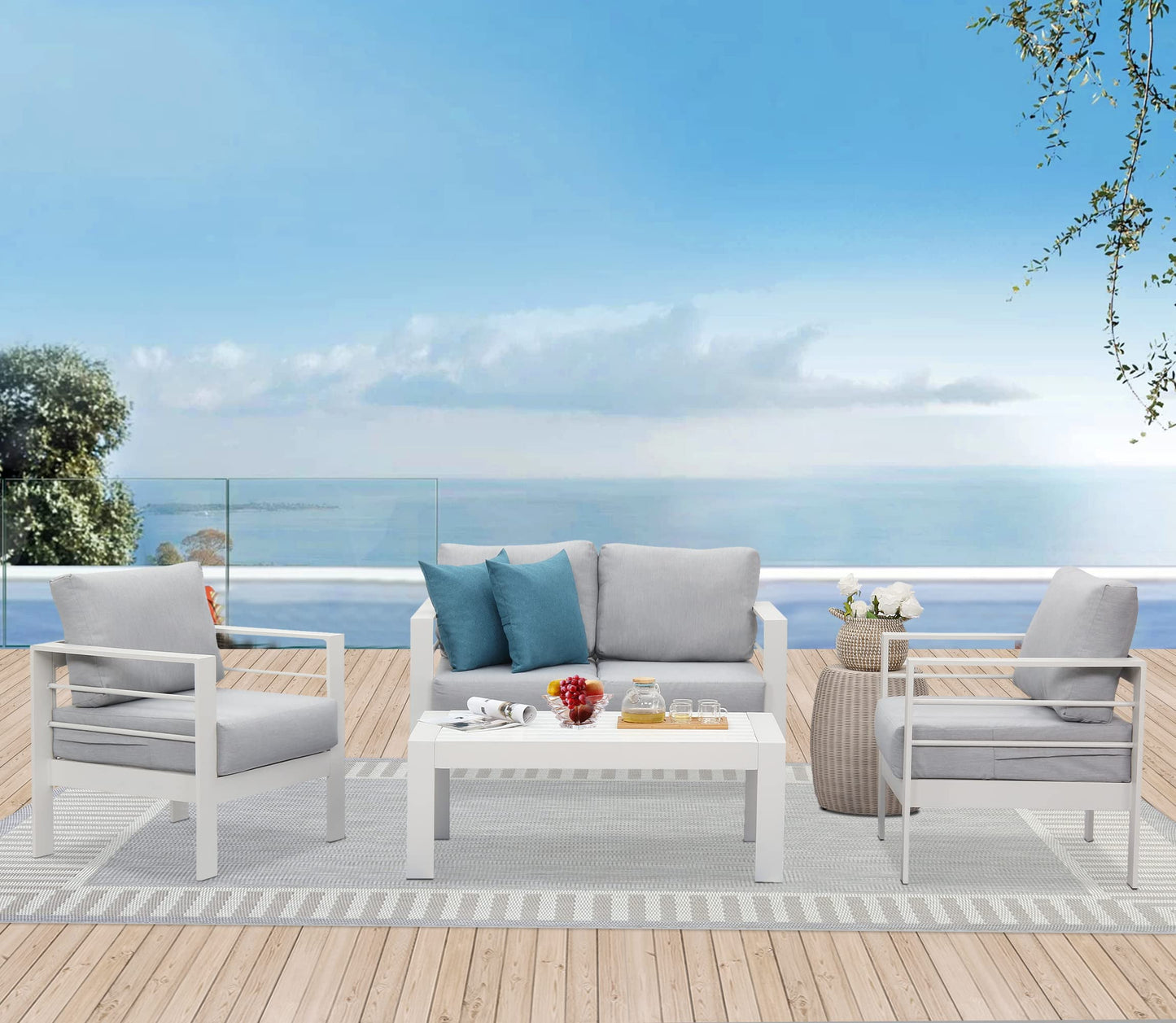 CozyHom 4 Seats Outdoor Aluminum Furniture Sets For All-Season Patio Metal Sectional Conversation Couch Sets With Table And Cushions, White