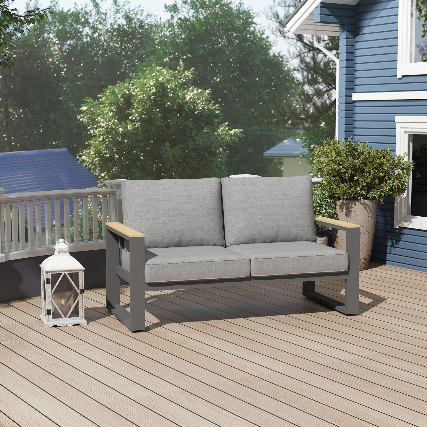 Heynemo Aluminum Outdoor Loveseat, All-Weather Metal Patio Furniture Sofa, Patio Sofa Chair for Porch Backyard Garden, Grey