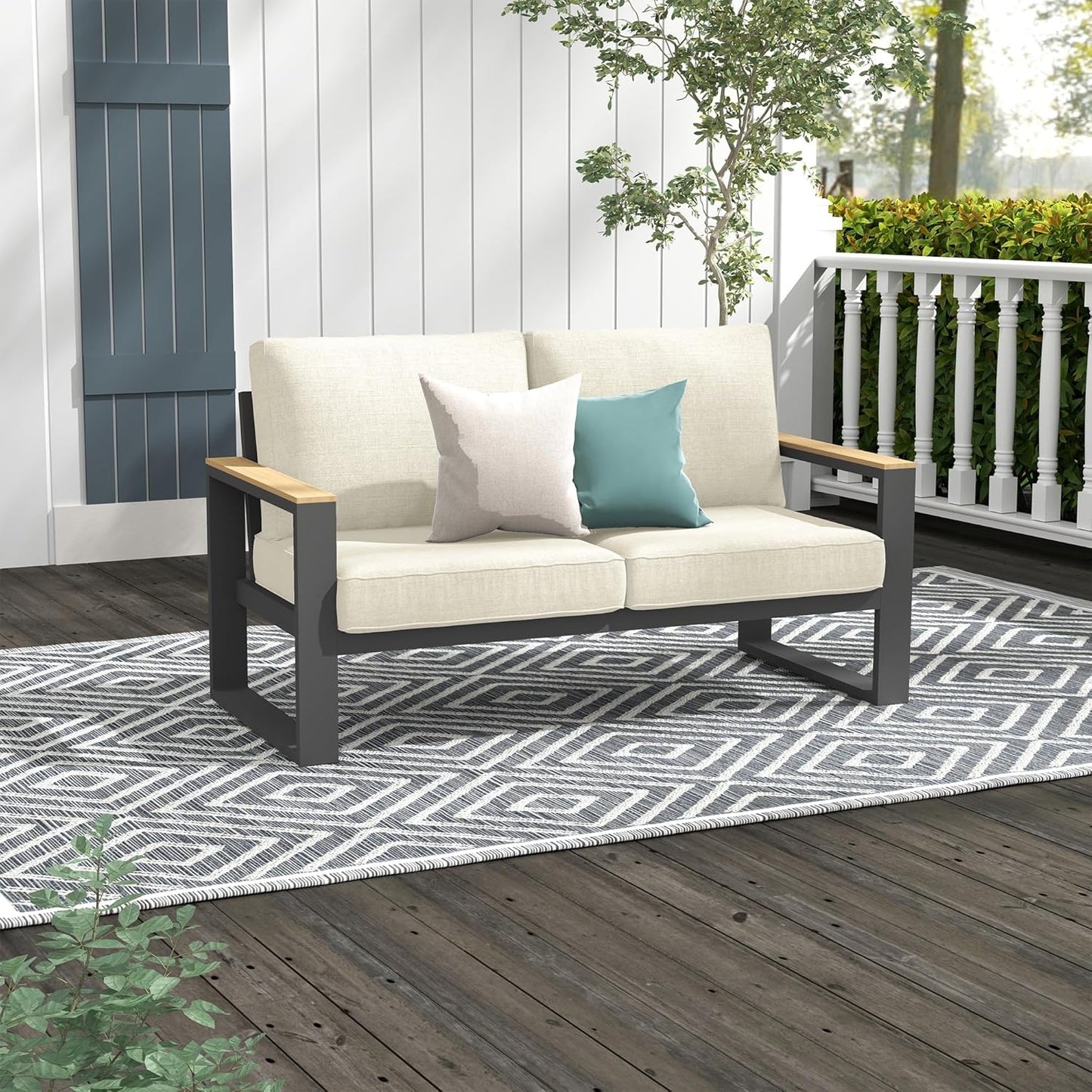 Heynemo Aluminum Outdoor Loveseat, All-Weather Metal Patio Furniture Sofa, Patio Sofa Chair for Porch Backyard Garden, Beige