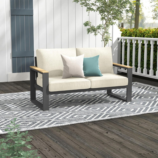 Heynemo Aluminum Outdoor Loveseat, All-Weather Metal Patio Furniture Sofa, Patio Sofa Chair for Porch Backyard Garden, Beige