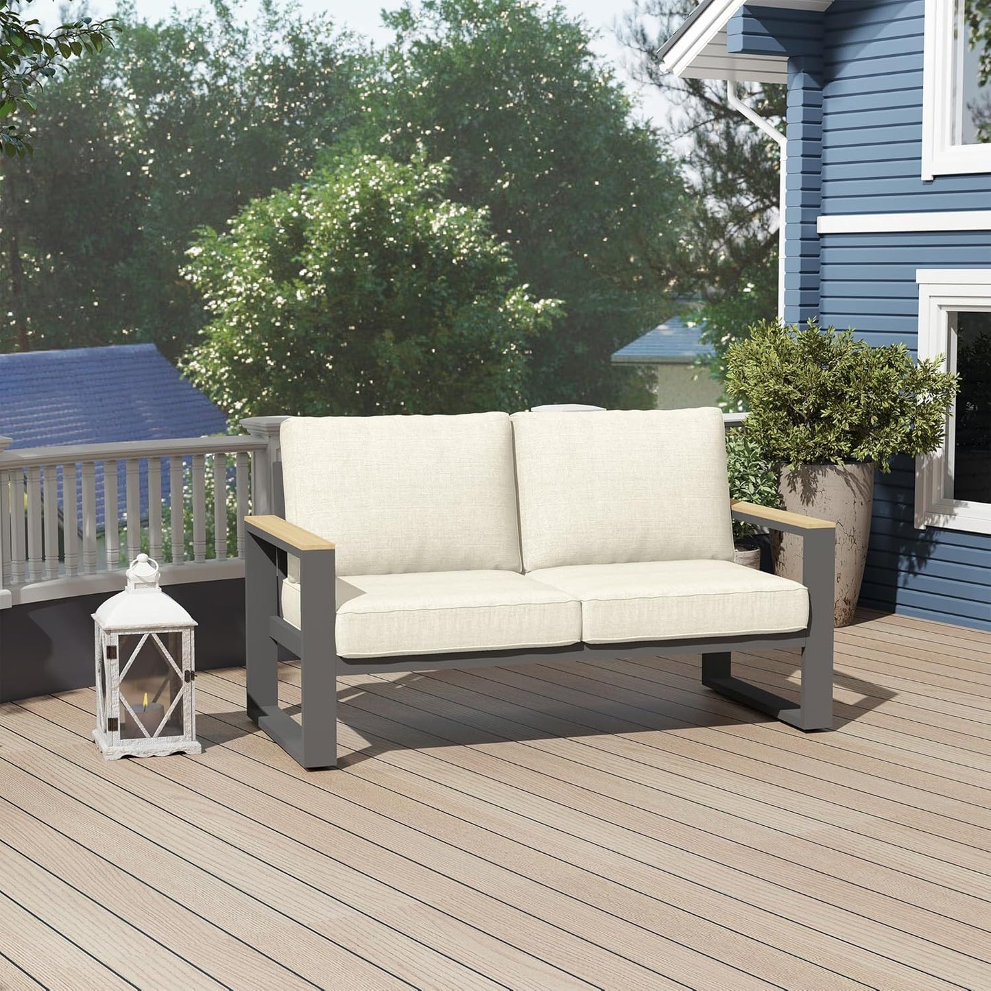 Heynemo Aluminum Outdoor Loveseat, All-Weather Metal Patio Furniture Sofa, Patio Sofa Chair for Porch Backyard Garden, Beige