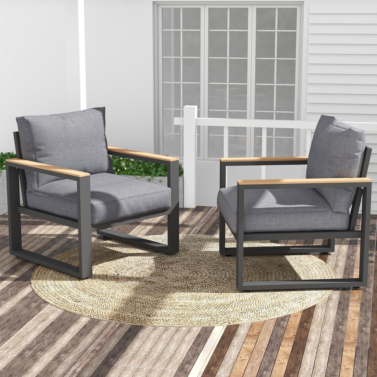 Heynemo Aluminum Outdoor Armchair, 2 Pieces All-Weather Metal Patio Single Sofa, Patio Conversation Set for Porch Backyard Garden, Grey