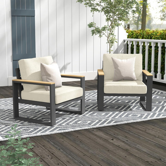 Heynemo Aluminum Outdoor Armchair, 2 Pieces All-Weather Metal Patio Single Sofa, Patio Conversation Set for Porch Backyard Garden, Beige