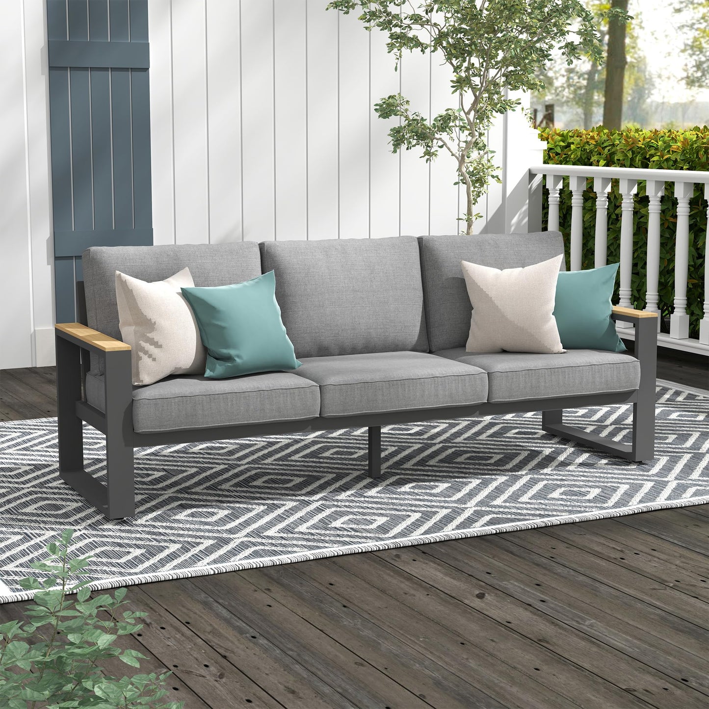 Heynemo Aluminum Outdoor Couch, All-Weather Metal Patio 3-seat Sofa with Soft Thick Cushions, Patio Sofa Couch for Porch Backyard Garden, Grey